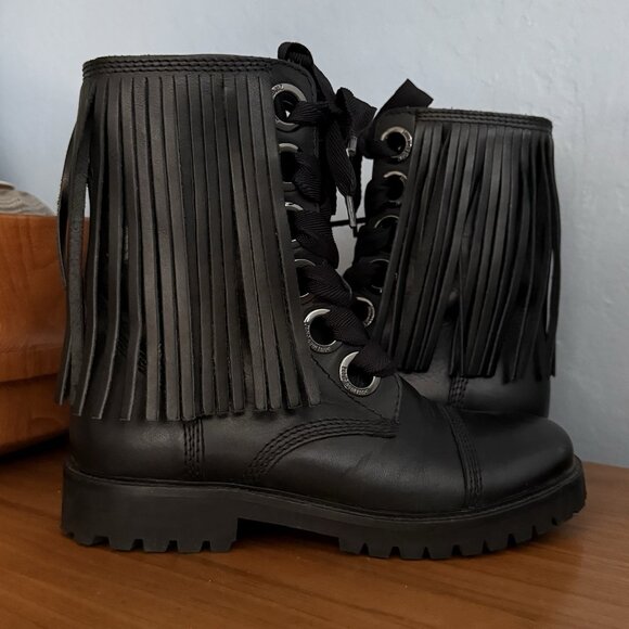 Zadig & Voltaire Black Leather Fringe Combat Boots Womens Size 37 - Picture 1 of 10